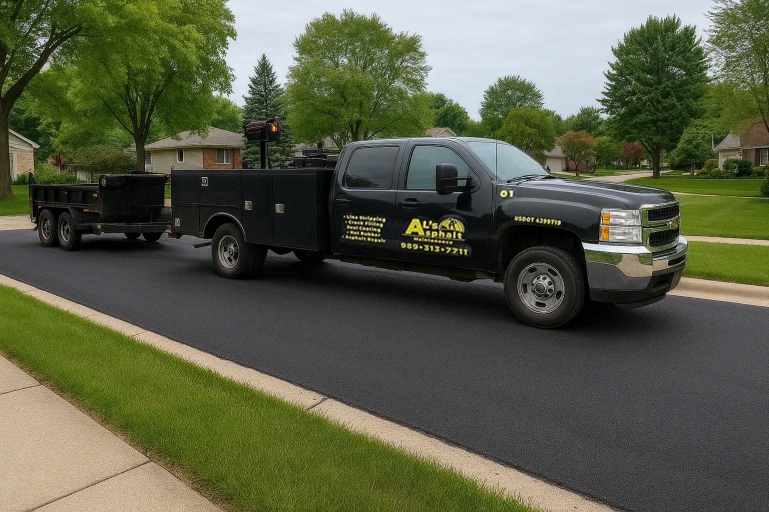 Al's Asphalt service truck with trailer on a new driveway